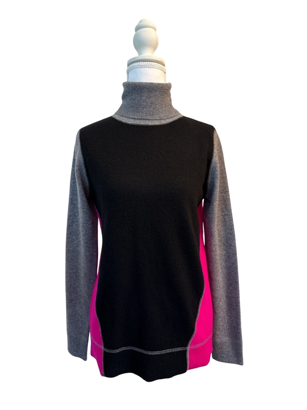 InCashmere Black, Gray & Pink Colorblock Turtleneck Sweater